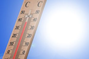 Ein Holzthermometer, dass knapp 40 Grad Celsius anzeigt (Sport bei Hitze)